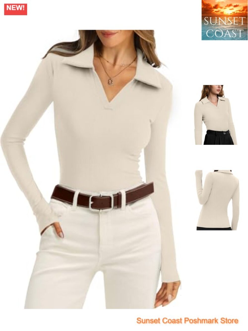 Womens Long Sleeve Ribbed Knit Polo Shirt Business Casual Slim Fit Top
